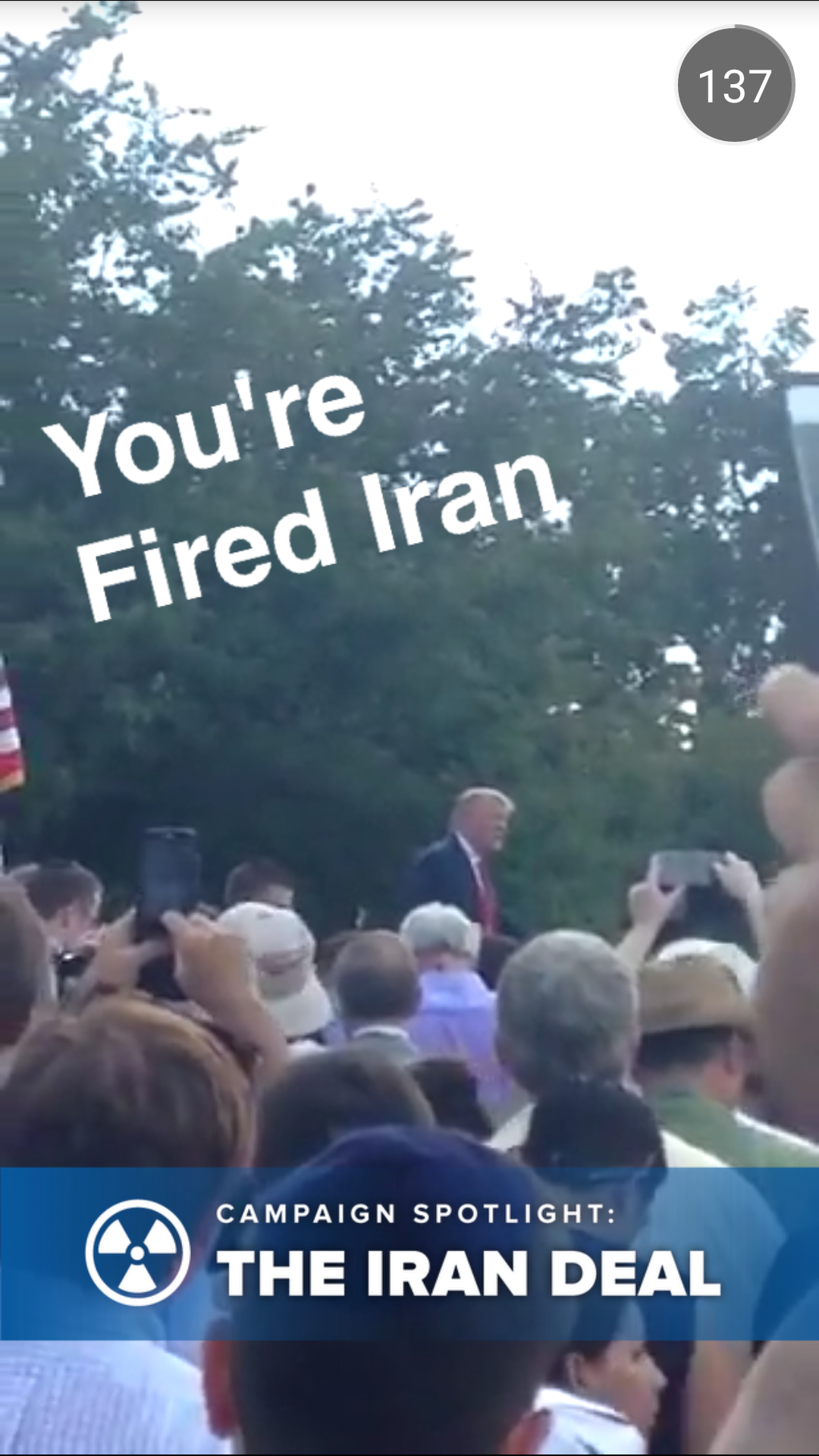 Screenshot shows use of Snapchat to cover Donald Trump's comments on the Iran deal.