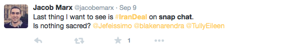 Users on Twitter respond negatively to snapchat coverage of the Iran deal.