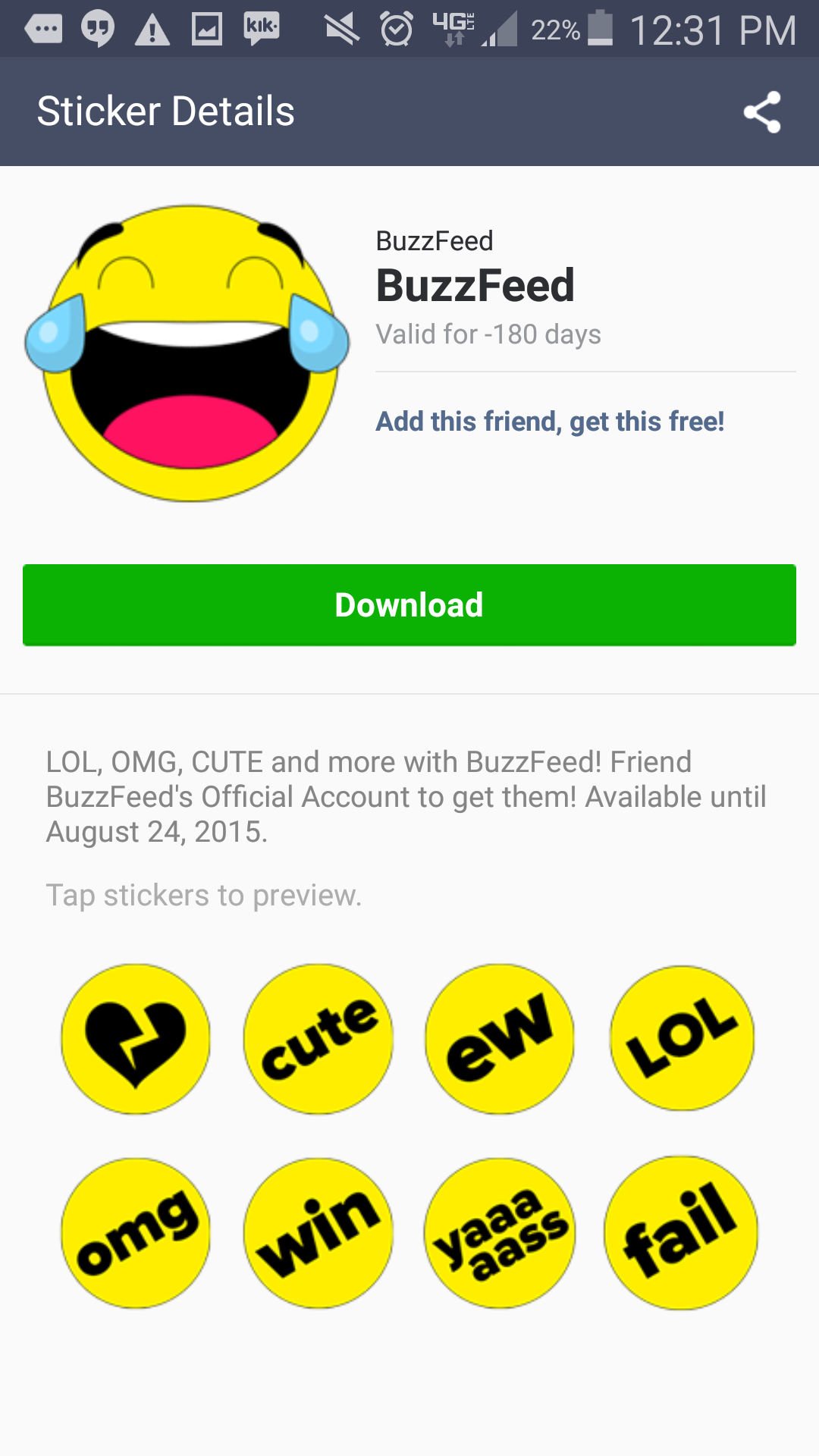 Screenshot showing BuzzFeed's new sticker set debut.