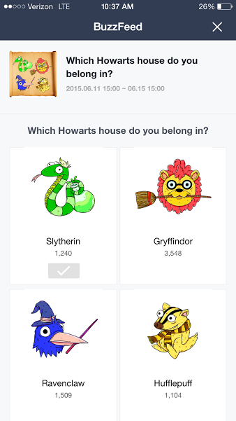 Screenshot showing another feature that asked users to select the house from Harry Potter's Hogwarts which they most fit into
