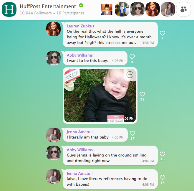 Screenshot showing the Huff Post Entertainment team's private chat's to determine daily stories.