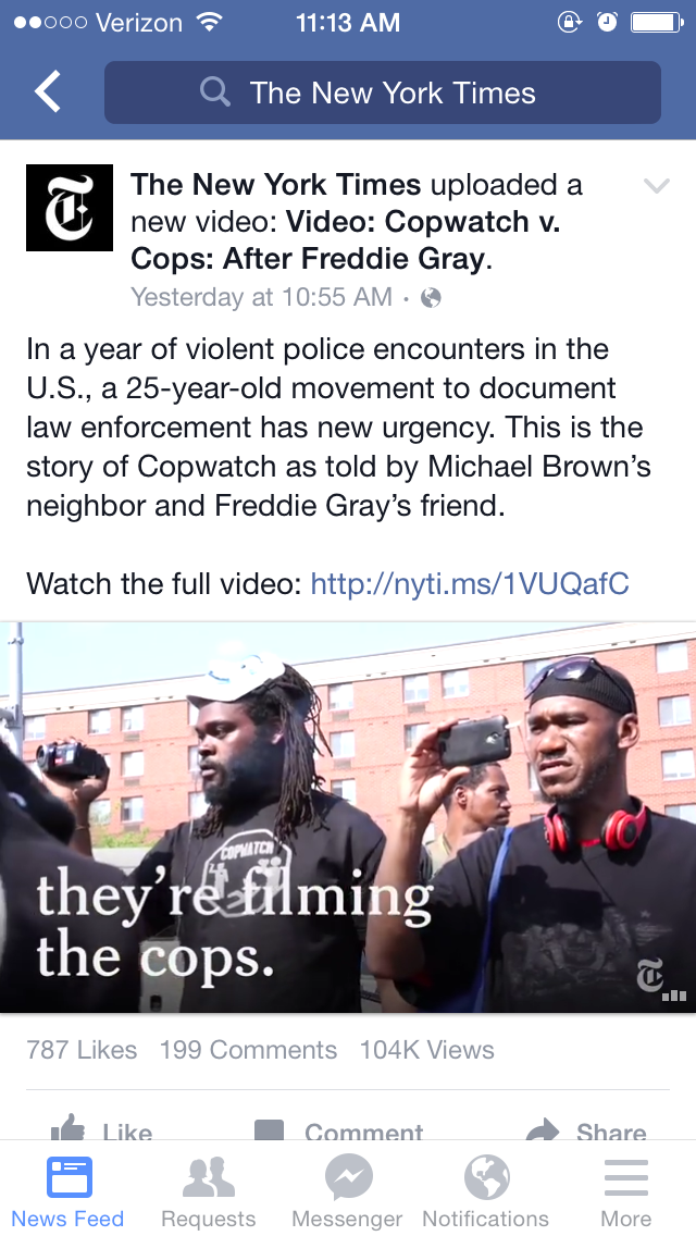 The New York Times posts to Facebook about a movement to document law enforcement.